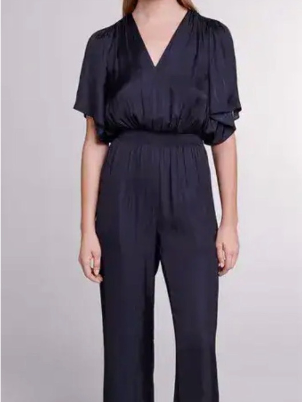 Maje Black V-Neck Pleated Jumpsuit black satin